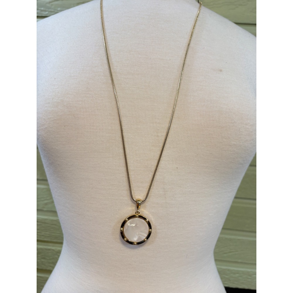 Gold Tone Snake Chain Necklace White Iridescent Round Pendant Studded